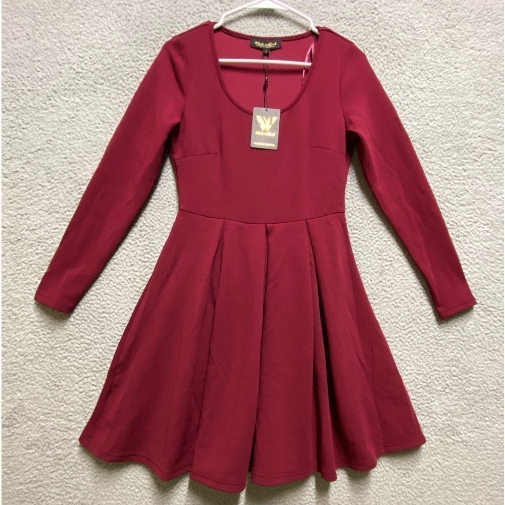 White Mark Dress Women Small Red Pleated Long Sleeve Pullover Burgundy